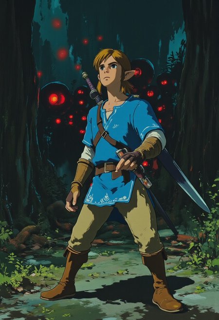 Vector art, uhd, 8k, 4k, epic, dramatic, Jujutsu kaisen manga, 4k quality, (Perfect hand:1.4), anime, (masterpiece), (detailed face), detailed,
Rendered in a style redolent of Impressionism, the painting utilizes a vibrant.
(Full body:1.4) digital artwork of Link wearing a blue tunic, tan pants, and brown boots. (He is holding the master sword in one hands in a low stance, ready to defend attacks with his sharp blade). (Many glowing red eyes of spirits can be seen behind him). He looks around the forest watching for attacks.  
The background is a dark forest. The overall mood is ethereal and ghostly. Unknown spirits haunt the forest.