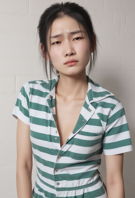 Close-up shot, mid shot, upper body, woman in a prison cellblock, dark theme, 
BREAK, 27-year-old Asian female with an embarrassed expression, sad (,half-closed eyes, downturned mouth, looking down), no makeup, narrow eyes, oval face, and straight black hair. Ensure features such as extra small chin, extra low eyebrows, extra thin eyebrows, extra far eyes, extra low eyes position, extra round eyes shape, extra low mouth corners, extra small mouth width, extra straight nose shape, average nose width, extra rect head shape, and extra wide head width.  BREAK, ((woman in a prison cellblock)), wearing a ((Green_White_Striped_Jumpsuit_unbuttoned, short sleeve top)), BREAK, Generate a modern prison cellblock.
