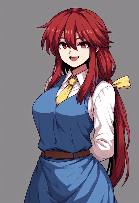 score_9, score_7_up, source_anime, source_cartoon, source_explicit, BREAK, colorful, aesthetic, illustration, kotohime (touhou), long hair, red hair, red eyebrows, hair between eyes, bangs, sidelocks, low-tied long hair, tied hair, low ponytail, hair ribbon, yellow ribbon, red eyes, breasts, white shirt, collared shirt, long sleeves, yellow necktie, blue vest, brown belt, blue skirt, hands behind back, open mouth, smile, teeth, simple background, looking at viewer, facing viewer, standing in front of viewer, standing