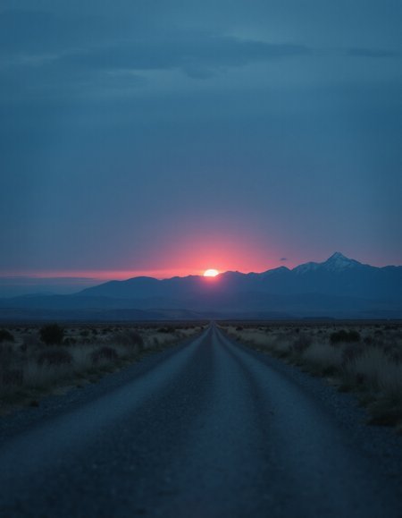 A photo of a vast, empty landscape at dusk, with the sun setting behind a distant mountain range. The sky is a deep shade of indigo., VCTRN, analogstyle,  faded photograph <lora:e377b7657231499e9165dad83cdeb312_pytorch_lora_weights:0.8>  <lora:amateurphoto-6version:0.6> <lora:35mm_joycap:0.5>