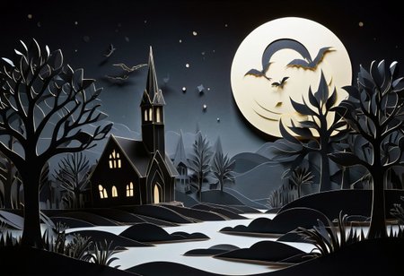 (paper cutout style:1.5) (in the style of Georges Méliès:1.2), BREAK, On the edge of an old graveyard, a paper cutout of a crumbling chapel stands alone, its sharp silhouette cut out against a dark, paper-like sky. BREAK,  fog, created from a smoke machine off stage, crawling slowly across the ground in, translucent waves, moving as if alive. BREAK, Stars twinkle faintly in the distance and a paper moon hangs on the backdrop, and a cool moonlight casts soft shadows across the scene. BREAK, From within the fog, a paper cutout of a long, (serpent-like creature begins to emerge, its body composed of segmented, cut-out shapes:1.2). It moves gracefully, its form shifting and bending unnaturally as if it doesn’t belong in this world. Its eyes are too large, glowing faintly as it watches from the mist, casting subtle, eerie light onto the fog. BREAK, The landscape feels like a forgotten scene from an (old sci-fi film1.2)—a haunting mix of the surreal and the unsettling." PaperCutout style, black and white, monochrome