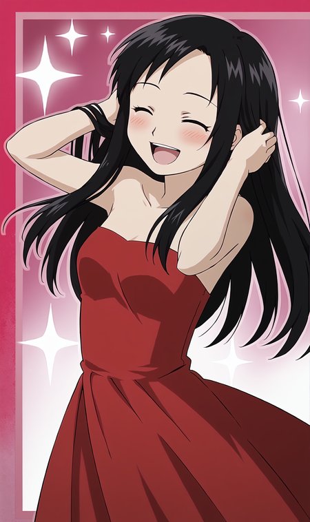 MR, 1girl, solo, black hair, long hair, closed eyes, hands in hair, blush, happy, open mouth, strapless shiny sparkling red dress, sparkle background, <lora:Maria Ross Pony XL:0.7>