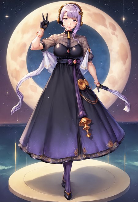 score_9, score_8_up, score_7_up, best quality, masterpiece, 4k, uncensored, prefect lighting, rating_explicit, very aesthetic, source_anime, BREAK,
1girl, solo,
<lora:YuzukiYukari_Rei_Pony_V1:1>yuzuki yukari, purple eyes, lips,  purple hair, short hair with long locks,  sidelocks, headset, microphone, headphones, 
dress, shawl, black dress, short sleeves, puffy short sleeves,  black bow, hagoromo, half gloves, rabit food,
bangle, gloves, black gloves,bracelet, jewelry,
(mature female:1.5), (large brests:1.5),(huge brests:1.5),
blush, smile,  looking at viewer, full body, cowboy shot, peace sign, double peace sign,
star (sky), space, galaxy, night sky, standing, starry sky, shooting star,