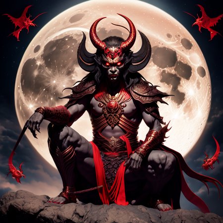 photo, illustration of a demon sitting in front of a full moon (FantasyDaimyo style:1)  <lora:djzFantasyDaimyoV21:0.8>