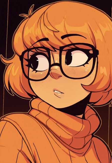 1girl, solo, velma dace dinkley, orange sweater, portrait, freckles, glasses, looking to the side, orange theme, 
masterpiece, best quality, <lora:welwraith-guy90-Illust-Lycorisv1:1> welith