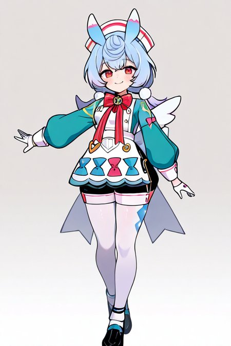masterpiece, High quality, Ultra detailed, 2d, newest, absurdres, highres, BREAK
1girl, solo, <lora:sigewinne:0.8>, low twintails, pom pom hair ornament, blue hair, white headwear, animal ears, red eyes, 
small breasts, sigewinneDef, long sleeves, white apron, aqua shirts, red bowtie, puffy sleeves, white gloves, shorts, black shorts, apron ornament, striped bows, white pantyhose, shoes, black footwear, wings, white back bow, short tail, 
standing, looking at viewer, full body, smile,