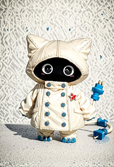 score_9, score_8_up, score_7_up, ((((sdgs4by zuppu11)))), neumaf, 1other, cute, electric plug tail, black eyes, black face, white windbreaker, red star on clothes, solo, full body, zPDXL3