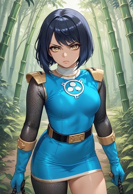 score_9, score_8_up, score_7_up, BREAK,
1girl, solo, BREAK,
sentaikageblue, shiny clothes, spandex, BREAK,
silver bodysuit, fishnet bodysuit, bodysuit under clothes, aqua dress, shoulder pads, aqua skirt, black belt, BREAK,
aqua gloves, no headwear, BREAK,
ku70u5a4a, dark hair, short hair, yellow eyes, medium breasts, thick thighs, BREAK,
standing, serious, BREAK,
dutch angle, outdoors, forest, bamboo, evening,