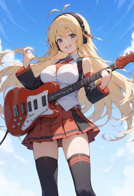 score_9, score_8_up, score_7_up, source_anime, <lora:lowres_concept_ponyXL_v1:-0.3> rating:general, 
BREAK,
tsurumaki maki, blonde hair, long hair, antenna hair, green eyes,
solo, 1girl, large breasts, instrument, guitar, detached sleeves, skirt, thighhighs, open mouth, looking at viewer, cleavage, smile, headphones, red skirt, red necktie, holding, electric guitar, headset, single thighhigh, bare shoulders, blush, bangs, holding instrument, pleated skirt, :d, music, cowboy shot
<lora:tsurumaki_maki_ponyXL_v2-15:1>