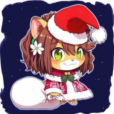 padoru <lora:padoru-IL-1.0:1>, masterpiece, perfect quality, best quality, anime coloring, 1girl, solo, padorumeme, padoru, simple dark blue background, Keiko, 1girl, solo, brown hair, furry female, green eyes, smile, animal ears, tail, animal nose, hairband, hair ornament, hair flower, body fur, short hair, bangs, lion ears,  <lora:Keiko_v03_PDXL:1>, christmas hat, score_9, score_8_up, score_7_up, score_6_up, score_5_up, score_4_up,