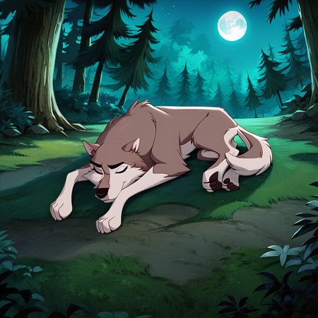 score_9, score_8_up, score_7_up, score_6_up, score_5_up, score_4_up,  <lora:Aleu:1>, aleu, solo, full body, outdoors, no humans, night, dog, animal focus, white fur, 1girl, wolf, animal, body fur, two tone fur, trees, moon, forest,  closed eyes, laying down, sleeping,