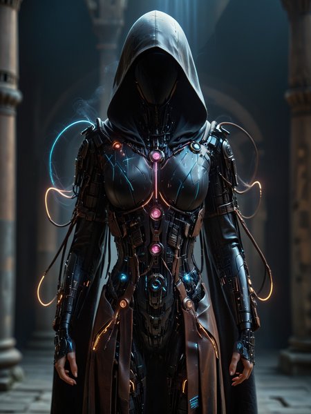 noface, cyborg, hermeticwizard, cyberpunk, hooded robe, neonbody, lightstreak, close-up, portrait, magic runes floating in the air, dynamic pose, ancient temple, dust, steam, light rays <lora:Faceless_Cyborgs:0.8>  <lora:Cyberpunk_Techno-Mages_SDXL:0@0,0.5@0.25>  <lora:Neon_Cyberpunk_SDXL:0@0,0.8@0.5>, <lora:EnvyBetterHiresFixXL01:1>, masterpiece, best quality, ultra high res, (photorealistic, realistic:1.2), deep shadow, raw photo, film grain, Fujifilm XT3, 8k uhd, dslr