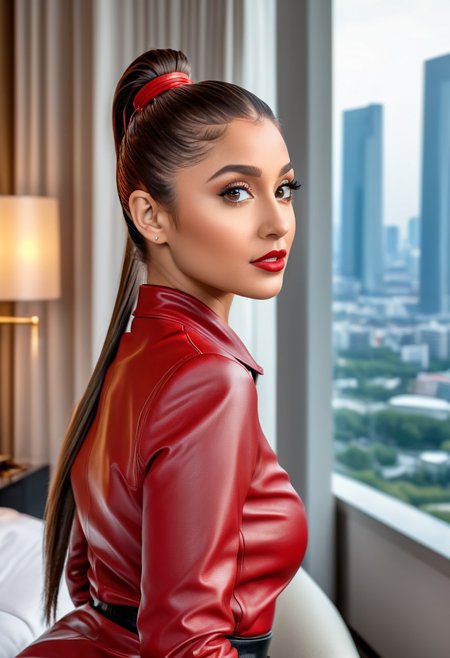   ,pony tail ,    seductive  ,red leather ,    ,luxus Hotelroom,big windows
         ,    masterpiece) (best quality) (detailed) (8k) (HDR) (wallpaper) (cinematic lighting) (sharp focus) (intricate)
