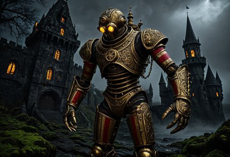 giant bipedal robot brass and dirty red/yellow candy striped paint, bronze paisley robot. lacy robot metal. diving helmet torso head. outside of a steampunk keep. large detailed torso. dark image. one forty foot tall ancient robot with great arms and two heavy spring legs. dark foggy night background. $dark foggy night image only. dark photo realistic image. steampunk details. cogs, chains and pipes incorporated in the fantasy buildings. magic wizards tower in background. Dark swamp, moss, castle ruins, wizards tower. stormy dark night. stormy sky. rain. no head