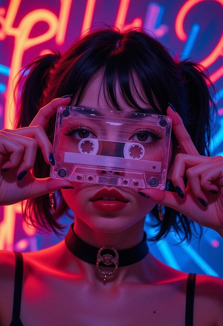 A close-up of a woman holding a transparent cassette tape in front of her face. The cassette is positioned perfectly in the center, directly in front of her eyes, obscuring her facial features. Her nails are painted dark blue, and she is gripping the edges of the cassette with both hands. The womanâs lips are painted dark, and she is wearing a black choker with a silver ring in the center. Her hair is styled into short black pigtails, with some strands falling over her forehead. The lighting is vibrant and neon, casting shades of red, blue, and purple across her face, hands, and the cassette tape. The background is a mix of abstract neon lights, featuring bold and glowing red and blue lines, creating a dynamic, futuristic atmosphere.  <lora:FLUX-daubrez-DB4RZ:0.8> DB4RZ, DB4RZ style painting,  <lora:ILLUSTRATION_2_FLUX v2:0.53>