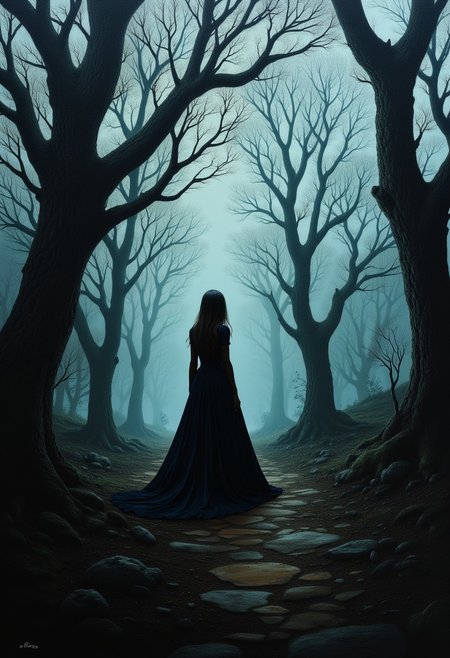Old dark forest, wilds, oak grove, mysticism, fog, high and menacing, oil painting, detailed, soft brush strokes dark and mysterious atmosphere, Beksinski painting, Bernie Wrightson, artstation trends, horror film, creepypasta" Beautiful cinematic impressionistic painting, Dark Gloomy Creepy Character, in the style of Jeremy Mann and Charles Dana Gibson, Mark Demsteder, Paul Hedley. ultra HD 8k, photorealism, ultra detail, 8k/bipoc women, creepy woman, photonegative refractograph --ar 8:10 --v 6.0.ideal anatomy of the body, photonegative refractograph --ar 3:5 - -from 50.