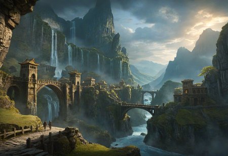 masterpiece, best quality, ultra detailed, professional light, cinematic lighting, ambient lighting, atmospheric effects, epic landscape, fantasy city, ruins, waterfall, mountains, cliff, bridge, Kintsugi, path, clouds