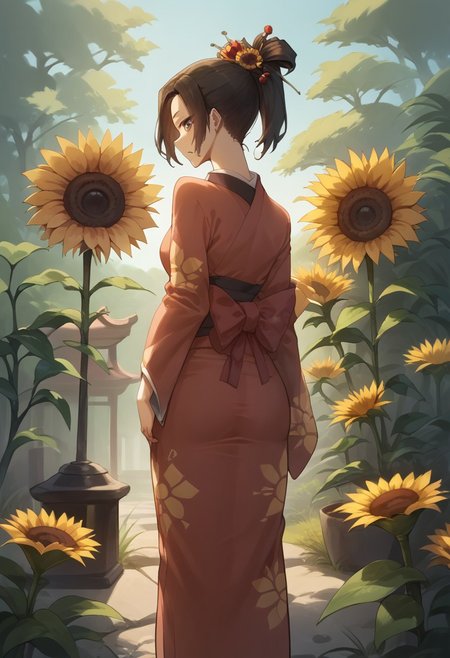 score_9, score_8_up, score_7_up,rating_explicit,1girl,solo, fuu, tight kimono,  hair ornament, hair stick, ponytail, outdoors, looking back, slim, skinny, slim hips, from behind, sunflower