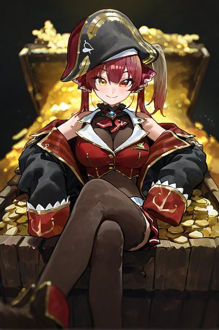modare, hololive, houshou marine, houshou marine \(1st costume\), 1girl, breasts, cleavage, coin, crossed legs, gold, hat, heterochromia, large breasts, leggings, long hair, long sleeves, looking at viewer, lying, off shoulder, on gold, pile of money, pirate, pirate hat, red eyes, red hair, see-through cleavage, see-through clothes, sleeves past wrists, smile, solo, treasure, treasure chest, twintails, virtual youtuber, yellow eyes <lora:Artist_style_Modare__Mogoon_ã¢èª°_-_Illustrious-XL:0.7>
