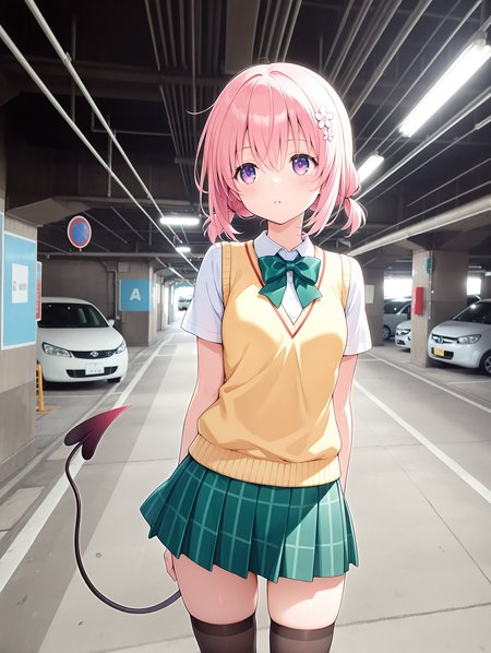 masterpiece,best quality,newest,
1girl,solo,
<lora:mpl_ilxl_v1.1:1>,car,ground vehicle,road sign,high ceiling,
<lora:Fixhands_anime_bdsqlsz_V1:1>,panorama,from_side,<lora:momo_ilxl_v1.8:1>,momo,pink hair,low twintails,purple eyes,h_o,hair ornaments,m_clothes,short sleeve blouse,yellow vest,green bowtie,green plaid skirt,demon tail,black_thighhighs,cowboy_shot,looking ahead,expressionless,standing,parted lips,