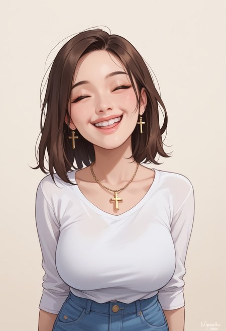 score_9, score_8_up, score_7_up, score_6_up, 1girl, medium hair, brown hair, petite, asian female, asian eyes, Japanese girl, very cute, 35 years old, milf, cute, gold cross necklace, white shirt, blue jeans, slim thighs, perfect face, huge breasts, happy, sweet, eyes closed, closed smile