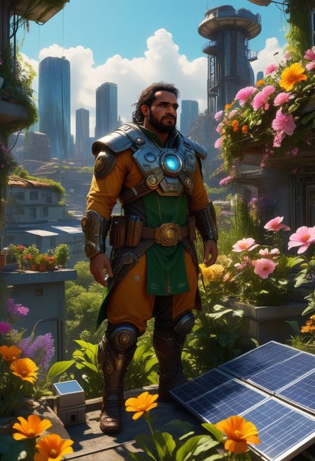 Heavyset samoan solar engineer in a solarpunk city, innovative and focused expression, bending over to work on advanced solar panels and sustainable technology, dressed in practical and eco-friendly attire, standing on a rooftop garden with panoramic views of the green city, air filled with the scent of clean air and blooming flowers, distant sounds of renewable energy generators and community activities, use of 'high resolution', '8k', 'hyper-detailed', 'solarpunk', 'dramatic lighting' to highlight the engineer's work, 'depth of field' for immersive effect, 'HDR' for high dynamic range