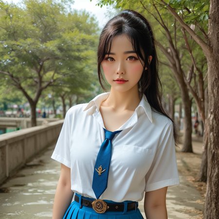 a stunning real medium breasts Korean woman with long, flowing dark hair, her piercing gaze directly addressing the viewer. score_9, score_8_up, score_7_up, 4k, high quality, (best quality:1.1), realistic, photorealistic, close-up, upper body, (ultra HD quality details), High Fashion, A highly detailed, realistic digital photo of a Korean woman 28yo with a pale complexion, emphasizing her enigmatic and mystical aura,, high resolution, rich textures, and contemplative mood. Her eyes are a deep piercing and  brown, dynamic, dramatic, haute couture, elegant, ornate clothing, dark straight hair with a few loose strands framing her face, against a cyan gradient background, Realistic photograph, Movie light, film grain, necktie, skirt, ponytail, school uniform, shirt, looking at viewer, outdoors, white shirt, blue skirt, tree, cosplay, belt,