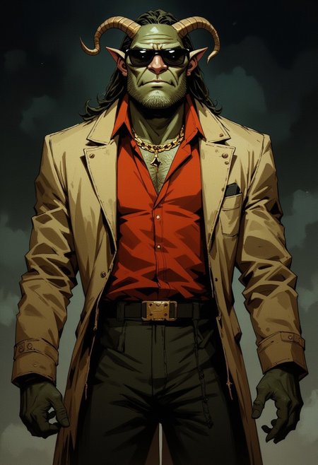 fashion portrait of an orc, against a dim, dark background. he has two long curved horns growing naturally from his forehead. his smug attitude and slight smile, reveals two large sharp canines. black wayfarer sunglasses enhance his edgy style. his beige suit jacket and red button up shirt, cling tight to his muscular body, revealing chest hair and a gold chain. his green skin is textured and detailed. the mood overall is confident and sophisticated. the highly detailed image is realistic and meticulously textured. the atmospheric lighting create a stark contrast, casting deep shadows and minimal highlights.
