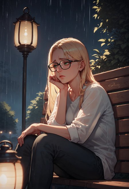 score_9, score_8_up, score_7_up, 1girl, sitting on a bench in a park at night, dusk, lantern light, sad, raining, head resting on hands, blonde hair, long hair, nerdy glasses  <lora:sdxl\Smooth Anime Style LoRA XL:0.8> <lora:sdxl\Expressive_H-000001:0.3>, expressiveH <lora:sdxl\sinfully_stylish_SDXL>