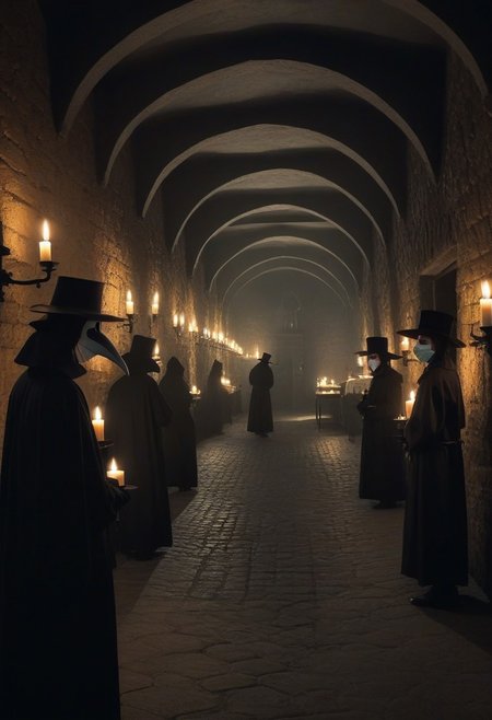 castle,
A dark and eerie castle dungeon used as an infirmary, with candle-lit beds and physicians in plague doctor masks tending to the sick