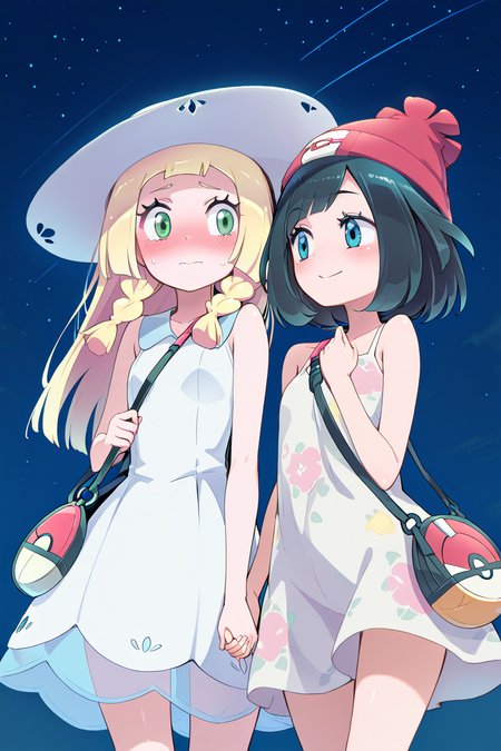masterpiece, best quality, 1girl, solo, eyelashes, (beautiful eyes),    ,<lora:HomuraSubaruIXL_v1:1.0>,    2girls, bag, black hair, blonde hair, dress, flustered, green eyes, hat, holding hands, lillie (pokemon), long hair, multiple girls, night, night sky, nintendo, pokemon, pokemon sm, selene (pokemon), short hair, sky, smile, sun hat, sundress <lora:LilliePokemonIXL:0.7>, <lora:SeleneIXL:0.7>