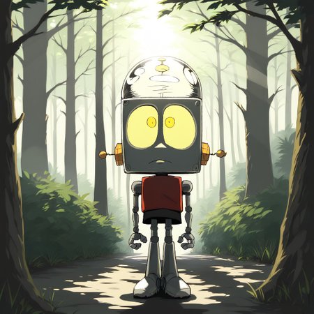 score_9, score_8, score_7, break, solo, robot_whtrj, robot, yellow eyes, forest, trees, sunlight, shadow, natural lighting