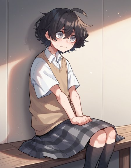 score_9, score_8_up, score_7_up, score_6_up, score_5_up, score_4_up, solo, 1girl, solo,
<lora:Popoka_v3:0.8> ppka, blind girl \(popopoka\), black hair, short hair, messy hair, ahoge, freckles, grey eyes, empty eyes, blind, white shirt, beige sweater vest, plaid skirt, grey skirt, odd socks, different socks, ,
wavy mouth, closed mouth, indian_style,
