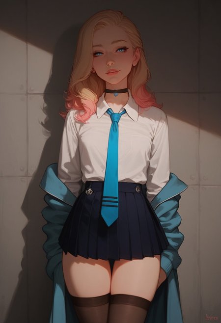 score_9,score_8_up,score_8,score_9,(((pastel colors, high contrast,expressiveh,solo focus, )))((blue eyes,blonde hair,naughty face, straight hair, pale skin,choker, blue tie, white shirt, pleated skirt, thigh highs)) (1girl, small chest, petite, detailed eyes, looking at viewer,standing)