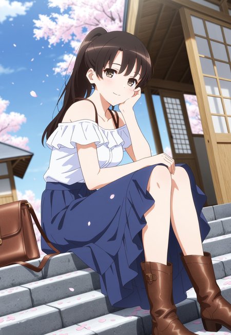 masterpiece,best quality,amazing quality,very aesthetic,absurdres,newest, from 45 degrees, dutch angle,

<lora:megumikatoIL:1>,m3gum1kat0, 1girl,solo,black hair,bangs,Long hair, ponytail,soft,brown eyes,pupils, 

sitting on stone steps, hand resting on cheek, gentle smile, off-shoulder white blouse, long flowing skirt, sky blue skirt, brown leather boots, brown shoulder bag, cherry blossoms tree, cherry blossom petals, traditional Japanese wooden house, bright blue sky, warm and serene atmosphere, springtime setting, looking at viewer,depth of field, simple background 