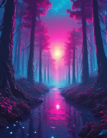 synthwave-galaxy,masterpiece, professional artwork, famous artwork, cinematic lighting, cinematic bloom, breathtaking scenery,painting of a magical forest,<lora:Synthwave_Galaxy:.8>