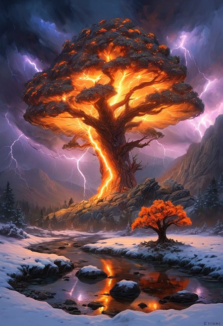 (by Ellen Jewett:1.5), (Fiery orange Bioluminescent Impressionism with lightning, mountain landscape, The Dreamland, Gibson Great  Mountains, rock, sky, giant tree, great grand tree on mountains, great fire, great lightning, scenery, great great magical tree, sunset, sunrise , stream, lightining, snow and ice, ethereal landscapes, depth of field, biotech emotion:1.3) <lora:xl_more_art-full_v1:0.5> <lora:add-detail-xl:1> , ral-wlfnte <lora:RMSDXL_Creative:2>
