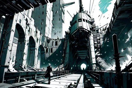 highly insanely detailed, masterpiece, top quality, best quality, highres, 4k, 8k, RAW photo, (very aesthetic, beautiful and aesthetic),  
tsutomu nihei,nihei_tsutomu,blame!,blame gakuen!,abara,TNstyle,sidonia_no_kishi,(lab,sidonia \(ship\),megastructure in background,tunnel,giant room,deep horizon,mausoleum,hangar,city ruins,tower,stairs,space,spacecraft),ventilation fan,ventilation shaft,toha heavy industries,tentacles,dome,gauna,gauna mech,foggy,light particles,concrete walls,metal walls,bridge,drainpipe,letterboxed,machinery,walkway,cables,tubes,industrial pipes,wire,air conditioner,star \(sky\),starry sky,bones,buildings, 
<lora:ABARA:0.7>, 
(1girl:1.3), 
solo focus, 
bright blue-green background,âââ
