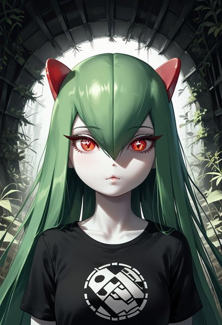 (((Kirlia))), female, anthro, pale white skin, score_9,score_8_up,score_7_up, masterpiece, best_quality, ultra-detailed, masterpiece, 1girl, solo, kirlia, black hair, very long hair, red eyes, cute, perfect face, thick eyeliner, hourglass body, high quality, low light, dramatic lighting, darkness, intricate details, portrait, ((face focused)), wearing ripped dirty black t-shirt, detailed background, post-apocalypse background, ruined house, overgrown with plants, (perfect eyes:1.3,((cat pupils))),dvr-lnds-sdxl, combinestyle