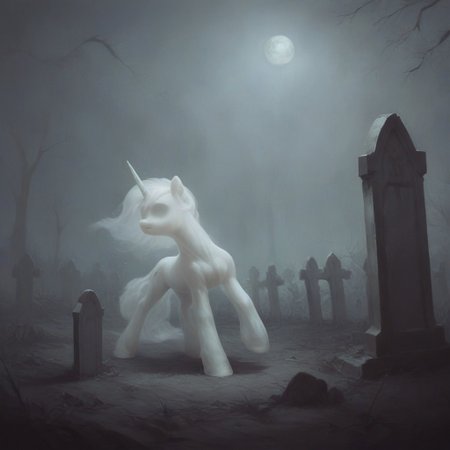 score_9, score_8_up, score_7_up, score_6_up, score_5_up, score_4_up, my little pony, ((feral pony)), side view, short body, floating, female pony, ethereal mane, mare, short, short body, petite build, small, (no humans), highly detailed, ghost, highly detailed, graves, (cemetery), graveyard, detailed background, outside, outdoor, night, no face, unicorn, head down, terror theme, ghost, ((see-through)), transparent body, glowing body,