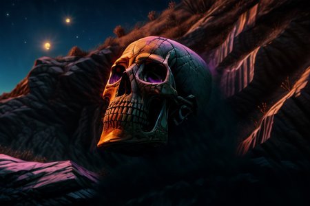 detailed, masterpiece, cliff, moon, night, dark, floating skull, edgy, creepy, purple light, sam yang, skull