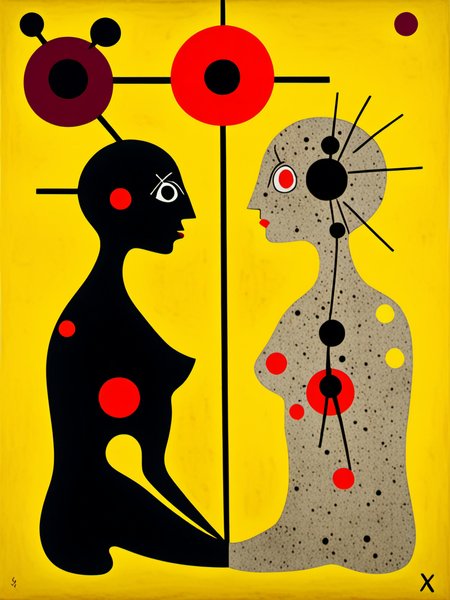 1man and 1woman, depicting the epitome of mankind, Engaging,Contemplative composition, <lora:DeconDada:1.7>, x-ray,mixed media dadaism, art by Joan Miró,Gino Cantarelli,Francis Picabia, Peach,Persian rose,Burgundy,Mango,Maximum yellow red
