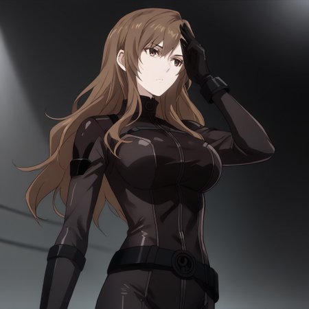score_9, score_8_up, score_7_up, score_6_up, score_5_up, score_4_up, source_anime, solo, 1girl, 
Moeka rounders outfit | Brown hair, long hair, brown eyes, bodysuit, belt, large breasts, black gloves, 
masterpiece, best quality, very aesthetic, absurdres,