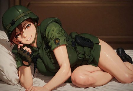 1girl,score_9, score_8_up, score_7_up,score_6_up, Expressiveh, 1dk, score_9, solo,  perfection, perfect hands, realism, zoomed out, full body view, smirk, relaxed, 
on bed,  
shiho, army, vest, helmet,