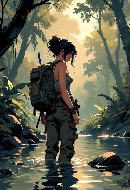 Special Ink-drawing mode, intricate linework with expressive contrasts, Mh1$AgThS2, Inkplash art on rice paper, sepia, henna , Silhouette Art, magnificent, inksplash image of stunning japanese woman, jungle explorer, khaki camisole, cargo pants, wading through shallow lake in rainforest jungle, dappled sunlight