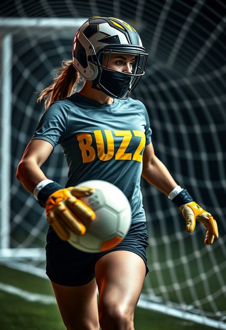 A photo of high-speed soccer ball in motion, with a swirling neon-light vortex effect that forms the word "BUZZ" through the arrangement of light and contrast. In this intense soccer scene, a powerful and graceful woman dons her goalkeeper gloves, helmet, and face mask, socks, and a sleek uniform. She stands poised, wielding her determination like a fencer’s sword, exuding focus and intensity. Large, yellow, bold print on her t-shirt "BUZZ"