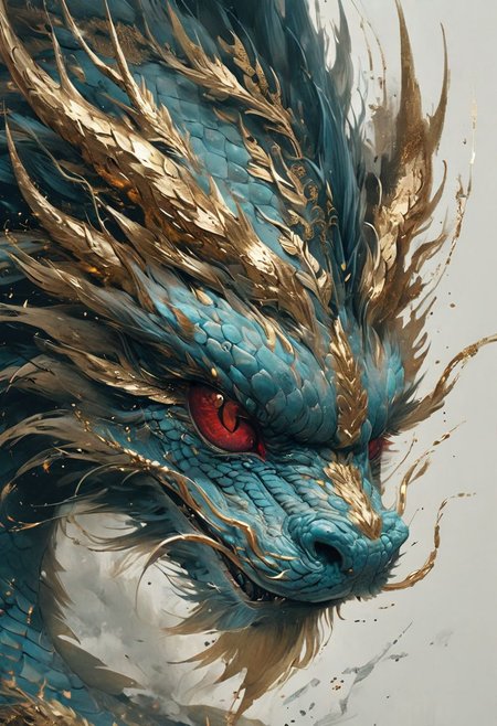 minimalism style, WLOP art style, a character worrior , facial muscles,  eye light, dragon behind, cinematic foootage,  fantasy, intricate details,8k post production,dark red gold tone blue  white green