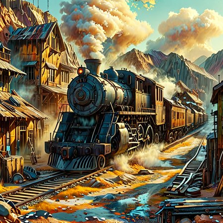 a steam locomotive passing by an old ghost town <lora:ral-anmwrlds-sdxl:1> ral-anmwrlds <lora:extremely_detailed:1> extremely detailed , short depth of field, dramatic lighting,  soft colors <lora:MJ52:0.6> oil painting