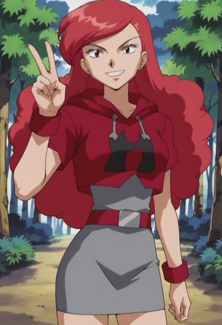 score_9, score_8_up, score_7_up, highly detailed, source_anime, retro_artstyle, anime screenshot, anime screencap, anime coloring, 
standing, v, victory pose, smile, teeth, looking at viewer, female focus, looking at viewer, outdoors, forest, trees, solo, solo focus
PKMNShelly, 1girl, red hair, long hair, red eyes, eyelashes, side swept bangs,  Team Magma, red hoodie, belt, grey skirt, red boots, short sleeves