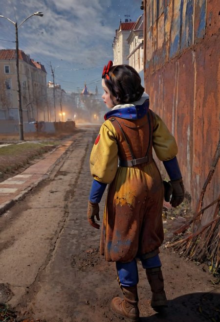 Rusted, rusted landscape, an Disney princess Snow White,  wearing a Hazmat suit, walking on a side walk in a run down russian city, smoke, chem trails, extreme close-up, portrait, raw, masterpiece, extreme insanely realistic detailed and intricate, extreme realistic detail, doomer aesthetics, depressing feelings, night, vintage painting, painting, realism,